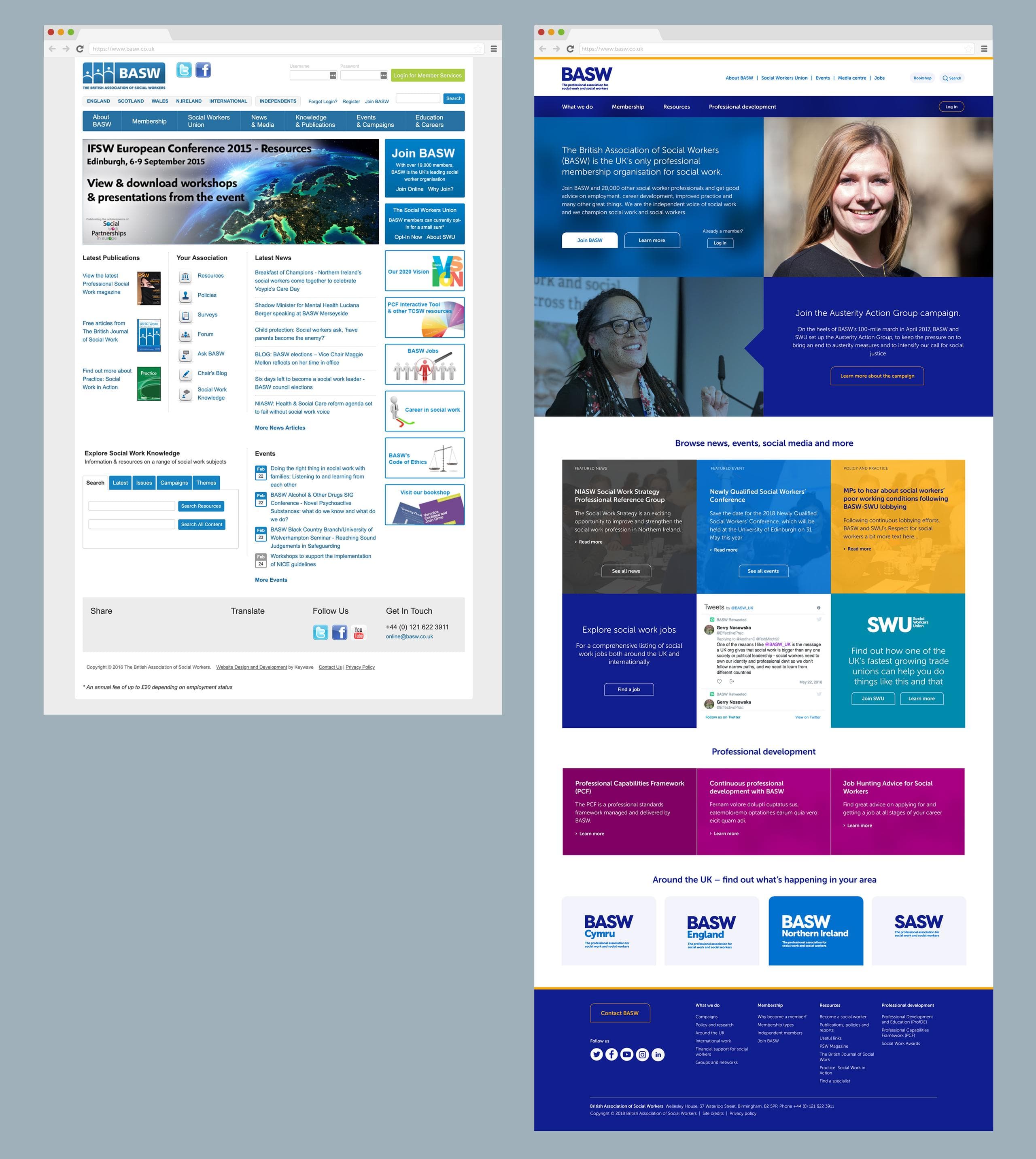 Images of the old BASW homepage and the new BASW homepage