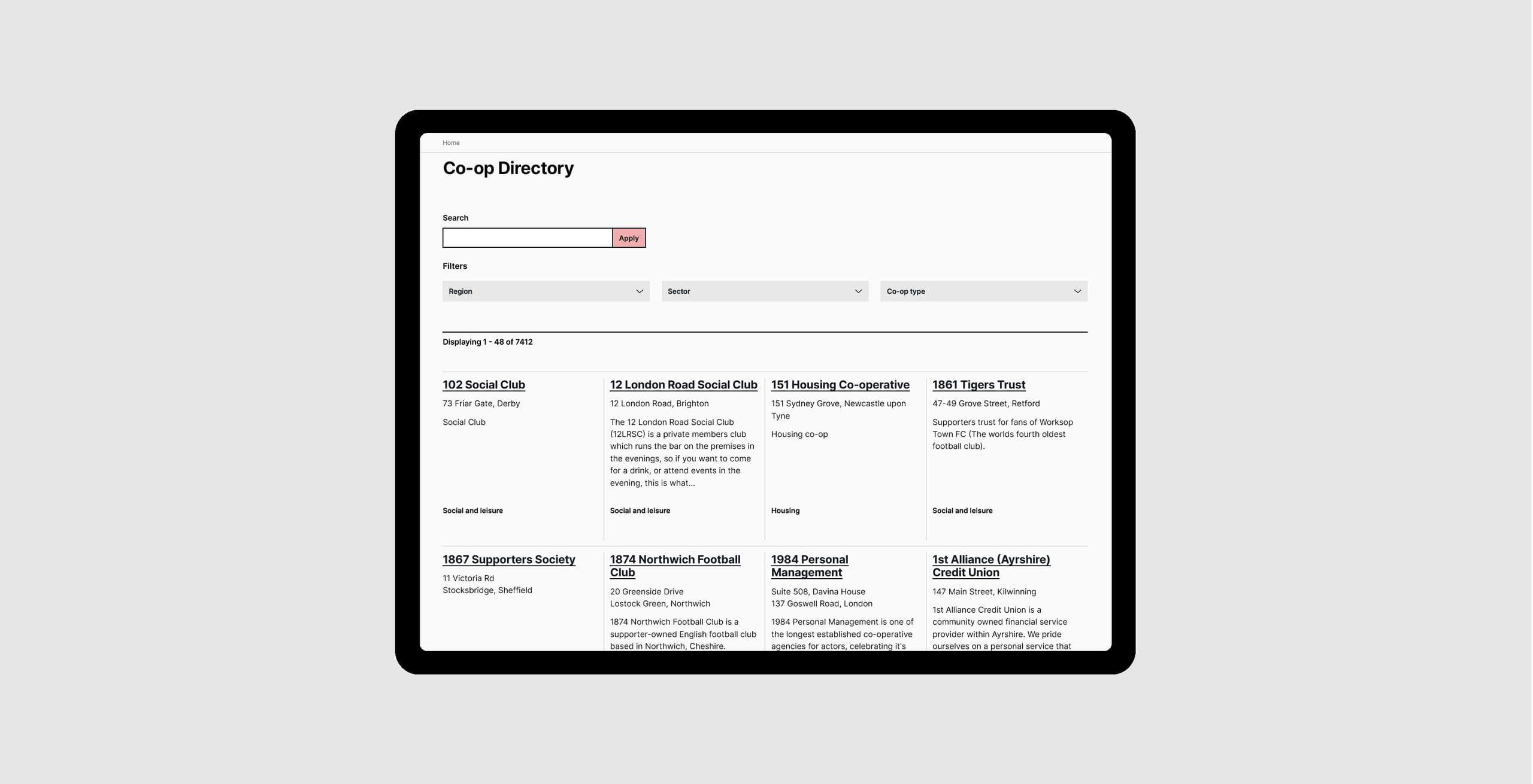 The co-op directory listing page