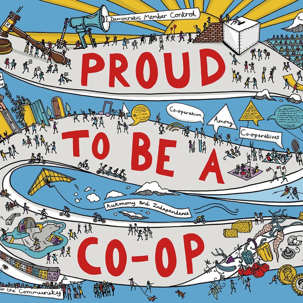 'Proud to be a Co-op' illustrated poster showing the seven co-operative principles. 
