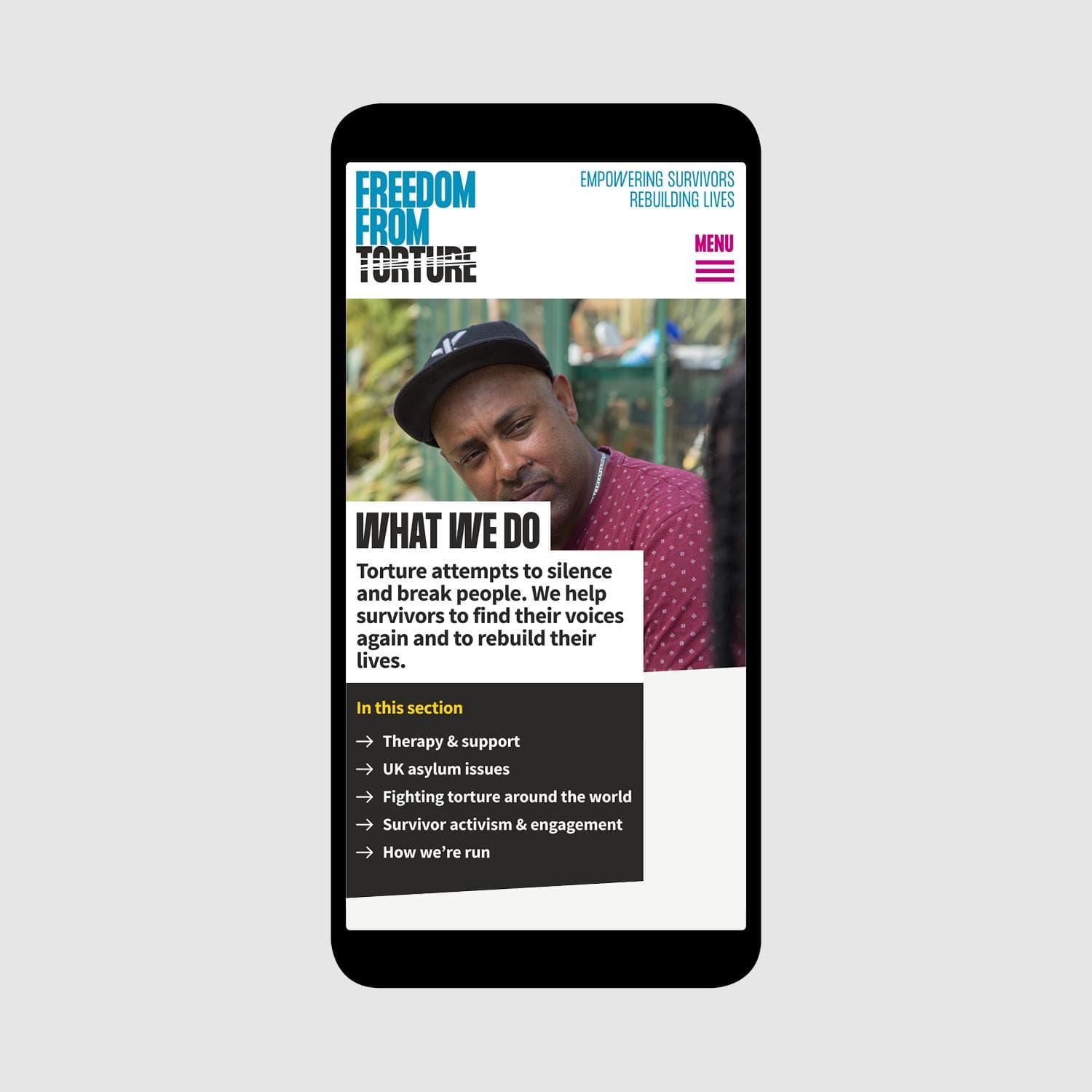 'What we do' page on a mobile screen