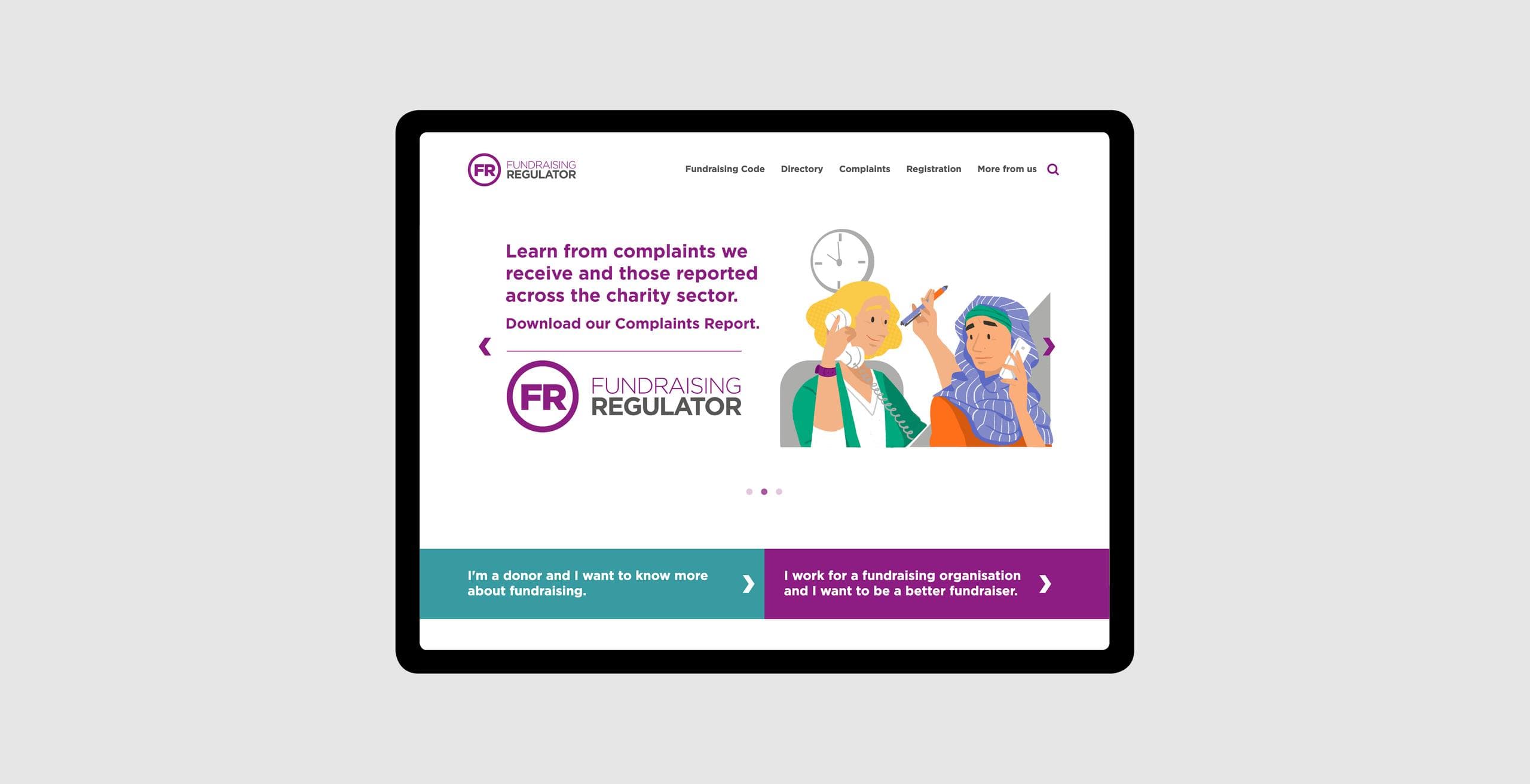 Fundraising Regulator homepage on a tablet