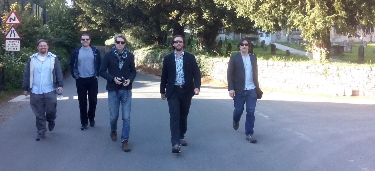Luke, Stephen, Richard, Aaron and Finn walk in formation to the pub