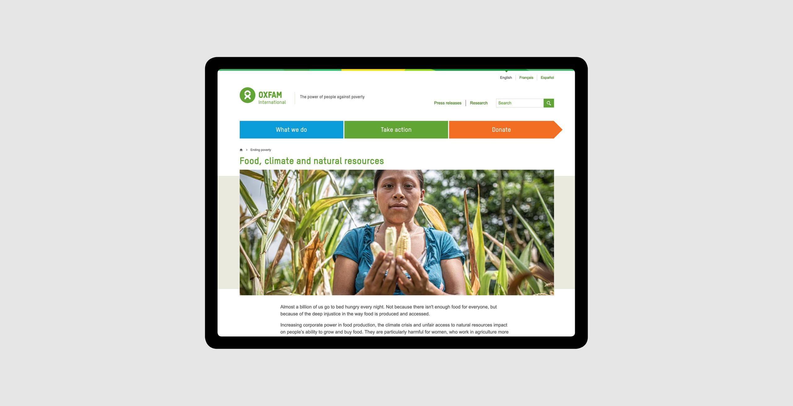 Food, climate and natural resources page on a tablet