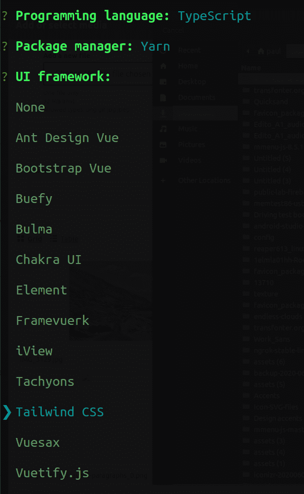 Screenshot of command line showing the list of available CSS frameworks.