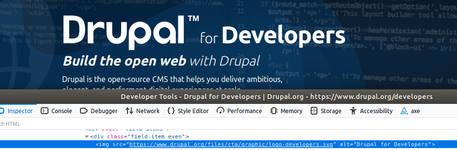 A screenshot of Drupal.org, where the image has text. 