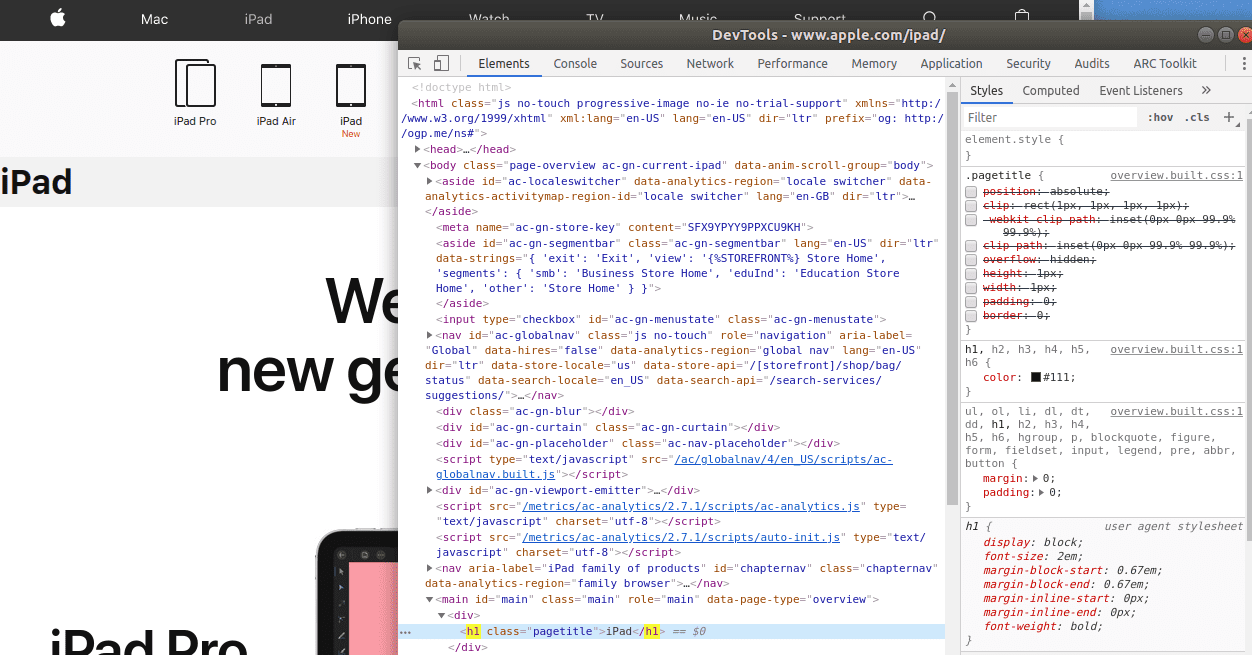 Screenshot of the css which visually hides the H1 on Apple's product pages