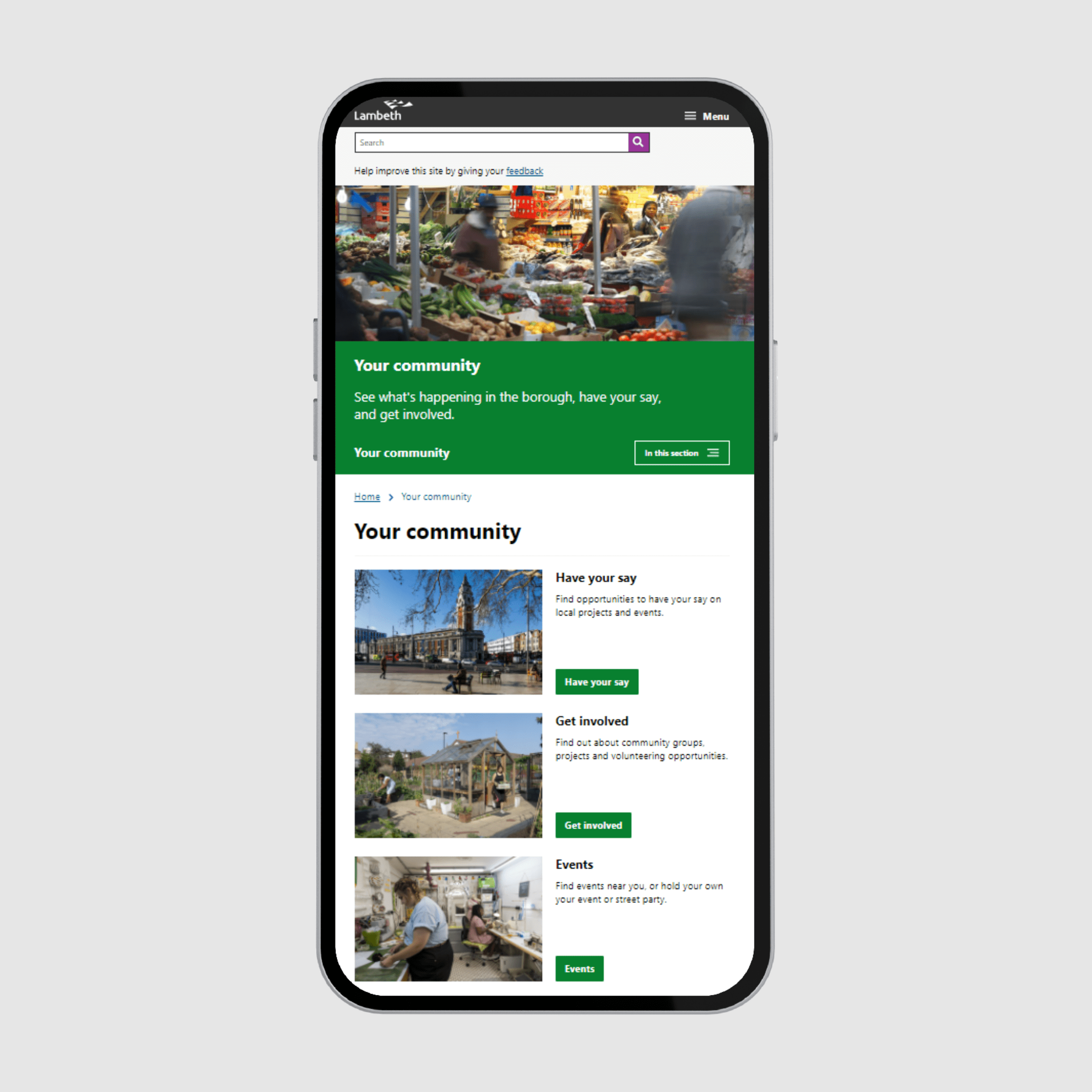 mobile view of Lambeth Council homepage