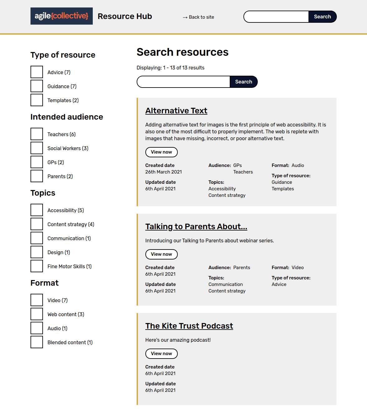 Resource Hub's newly implemented front end