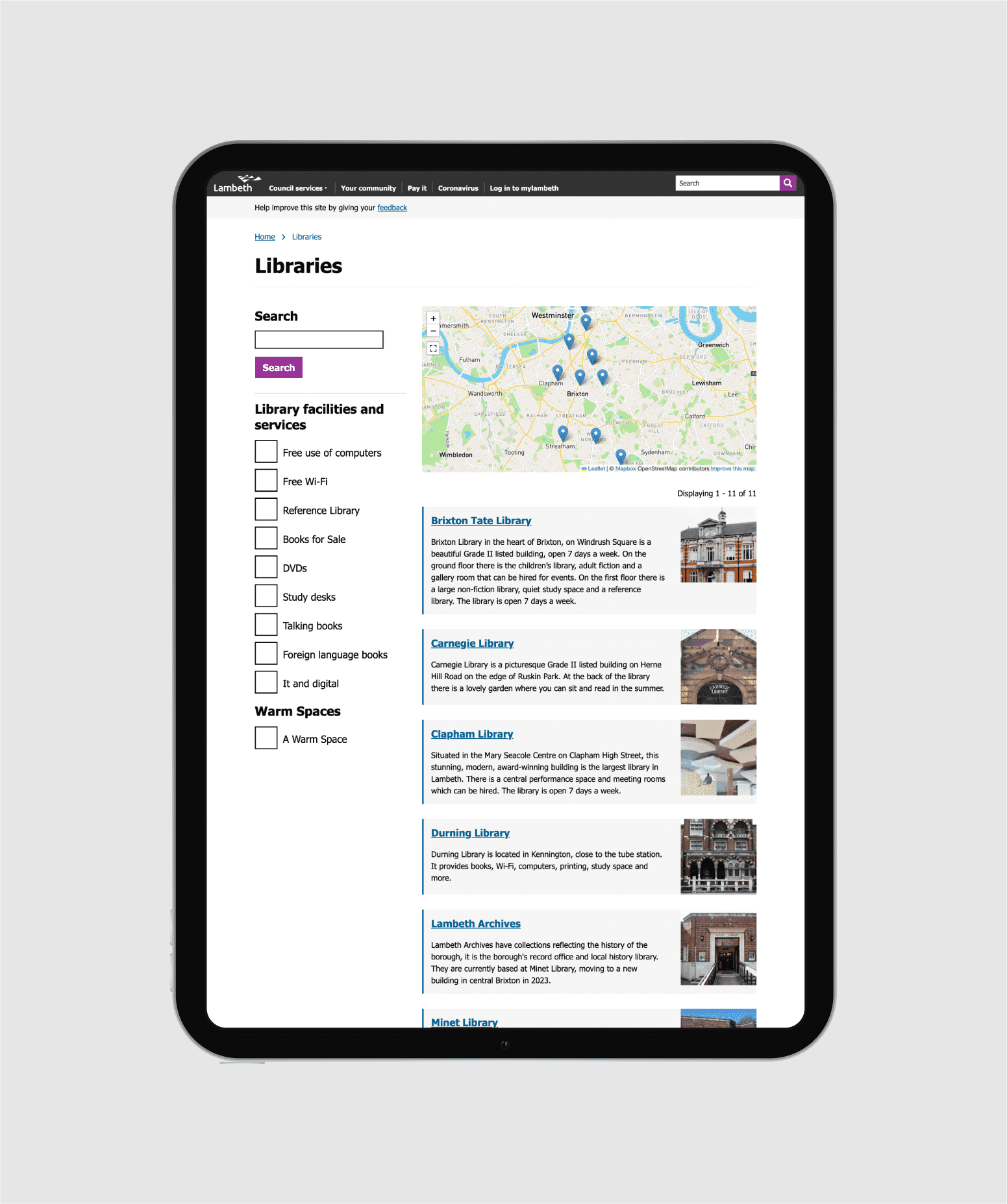 Vertical iPad previewing Lambeth Libraries Directory