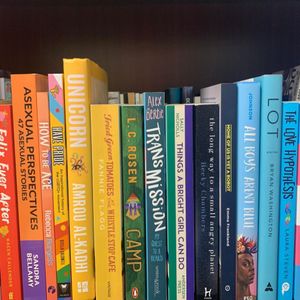 A row of colourful books on a range of LGBTQ+ topics