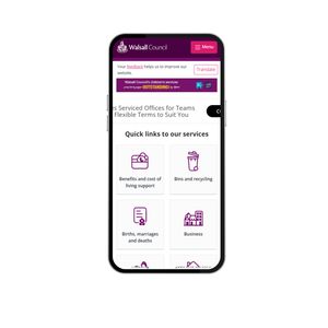 mobile phone with Walsall council homepage