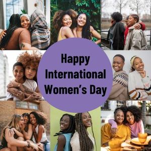 images of happy women surrounding text which reads "happy international women's day"
