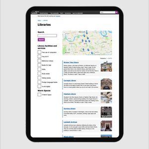 Vertical iPad previewing Lambeth Libraries Directory